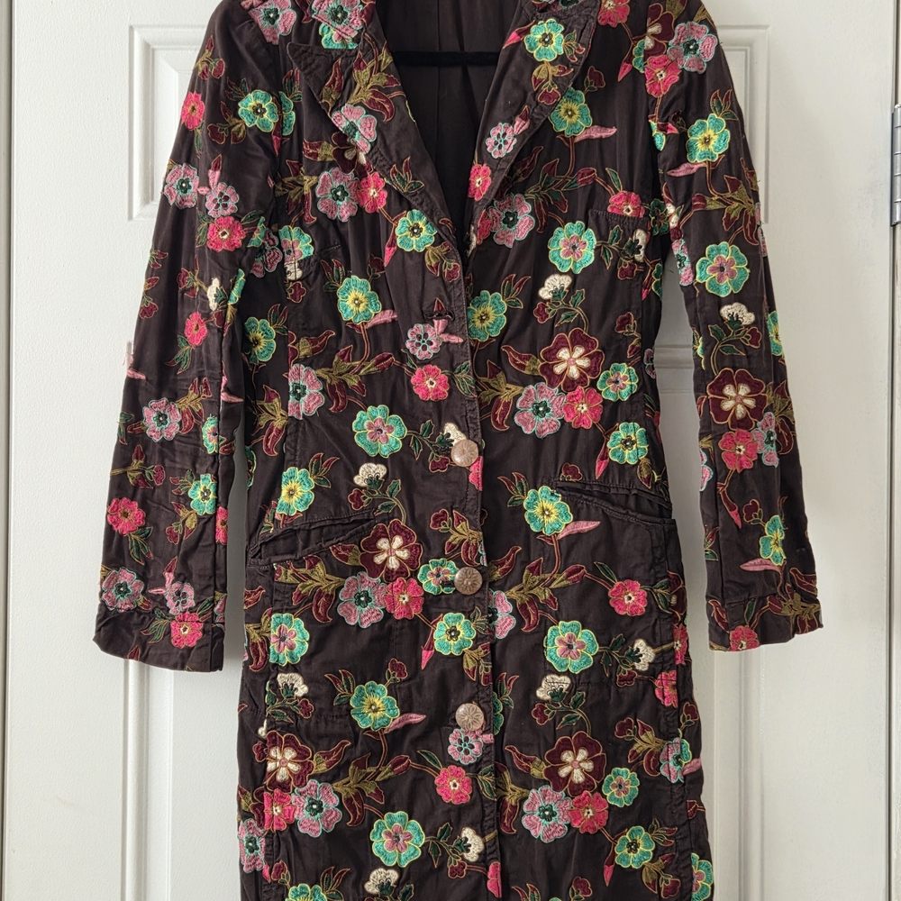 Johnny Was Brown Coat with Colorful Embroidery